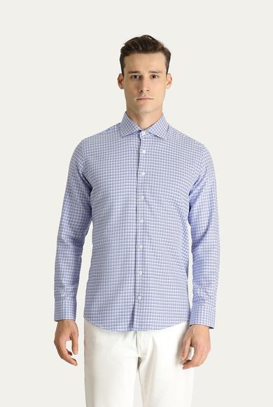 Erkek Giyim - KOYU MAVİ XL Beden Uzun Kol Slim Fit Desenli Pamuk Gömlek