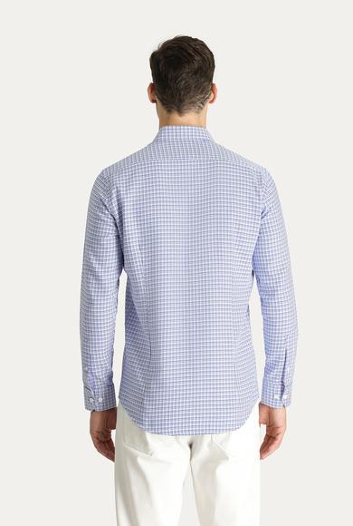 Erkek Giyim - KOYU MAVİ L Beden Uzun Kol Slim Fit Desenli Pamuk Gömlek