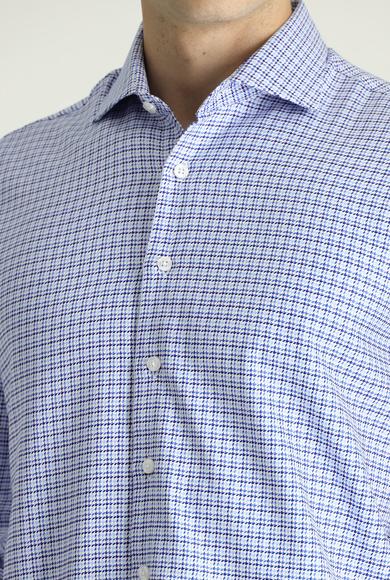 Erkek Giyim - KOYU MAVİ XL Beden Uzun Kol Slim Fit Desenli Pamuk Gömlek