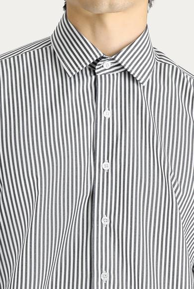 Erkek Giyim - Siyah M Beden Uzun Kol Regular Fit Çizgili Pamuk Gömlek