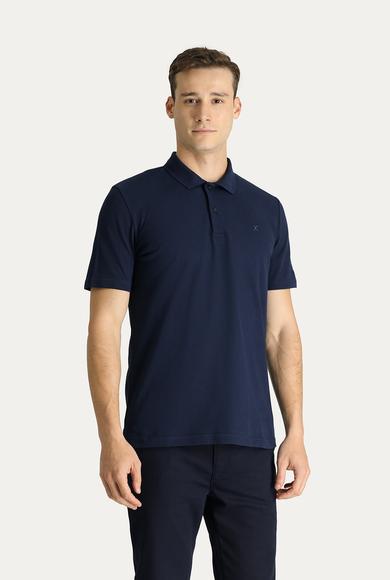 Erkek Giyim - KOYU LACİVERT 5X Beden Polo Yaka Regular Fit Nakışlı Pamuk Tişört