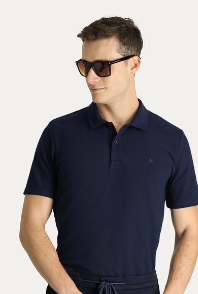 Erkek Giyim - KOYU LACİVERT L Beden Polo Yaka Slim Fit Nakışlı Pamuk Tişört