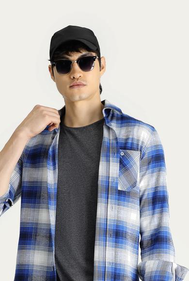 Erkek Giyim - İNDİGO L Beden Uzun Kol Slim Fit Ekose Oduncu Pamuk Gömlek