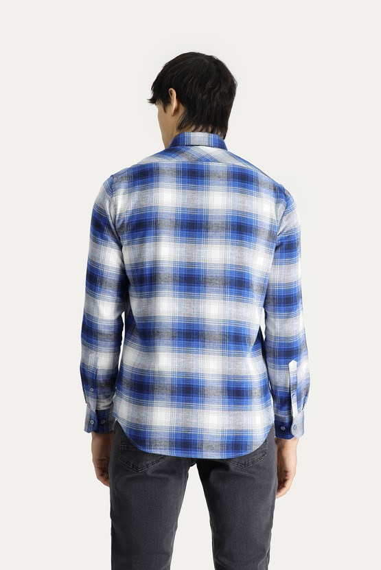 Erkek Giyim - Uzun Kol Slim Fit Ekose Oduncu Pamuk Gömlek