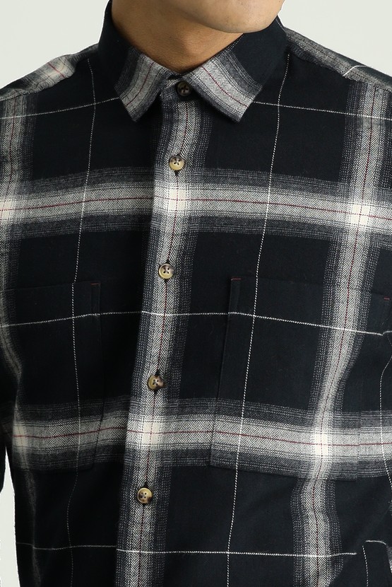 Erkek Giyim - Uzun Kol Slim Fit Ekose Oduncu Pamuk Gömlek