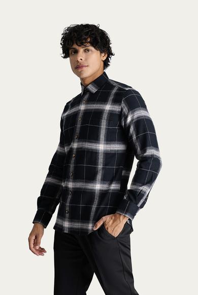 Erkek Giyim - Siyah 4X Beden Uzun Kol Slim Fit Ekose Oduncu Pamuk Gömlek