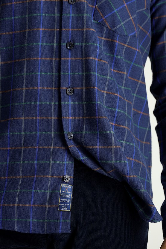 Erkek Giyim - Uzun Kol Slim Fit Ekose Pamuk Spor Gömlek