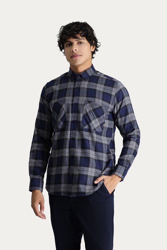 Erkek Giyim - Uzun Kol Oversize Ekose Oduncu Pamuk Gömlek