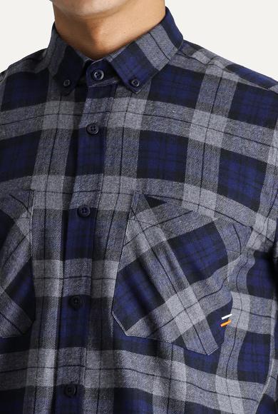 Erkek Giyim - KOYU LACİVERT S Beden Uzun Kol Oversize Ekose Oduncu Pamuk Gömlek