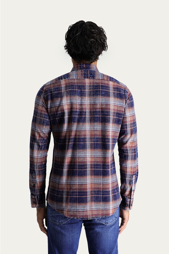 Erkek Giyim - Uzun Kol Slim Fit Ekose Pamuk Spor Gömlek
