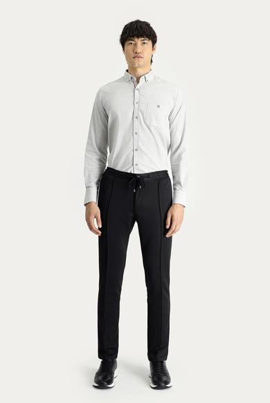 Erkek Giyim - SİYAH 48 Beden Slim Fit Beli Lastikli İpli Likralı Örme Kanvas / Chino Pantolon