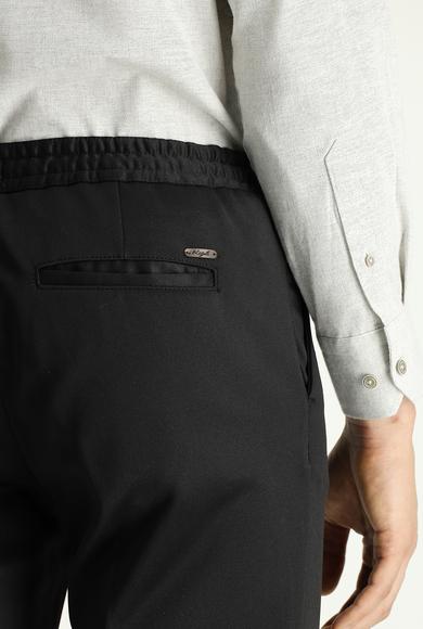 Erkek Giyim - SİYAH 48 Beden Slim Fit Beli Lastikli İpli Likralı Örme Kanvas / Chino Pantolon