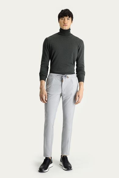 Erkek Giyim - AÇIK GRİ 48 Beden Regular Fit Beli Lastikli İpli Desenli Likralı Pantolon