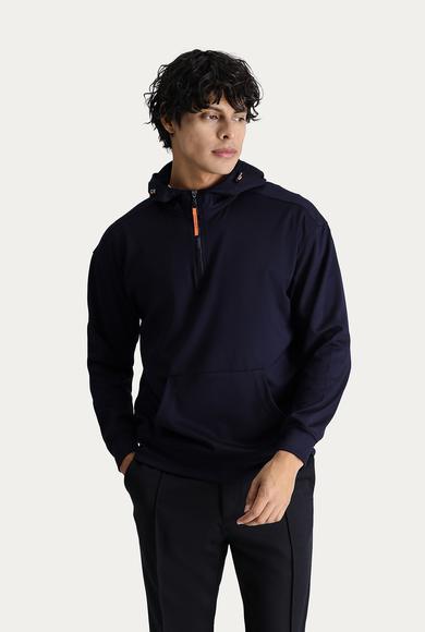 Erkek Giyim - KOYU LACİVERT L Beden Kapüşonlu Yarım Fermuarlı Oversize Pamuklu Sweatshirt
