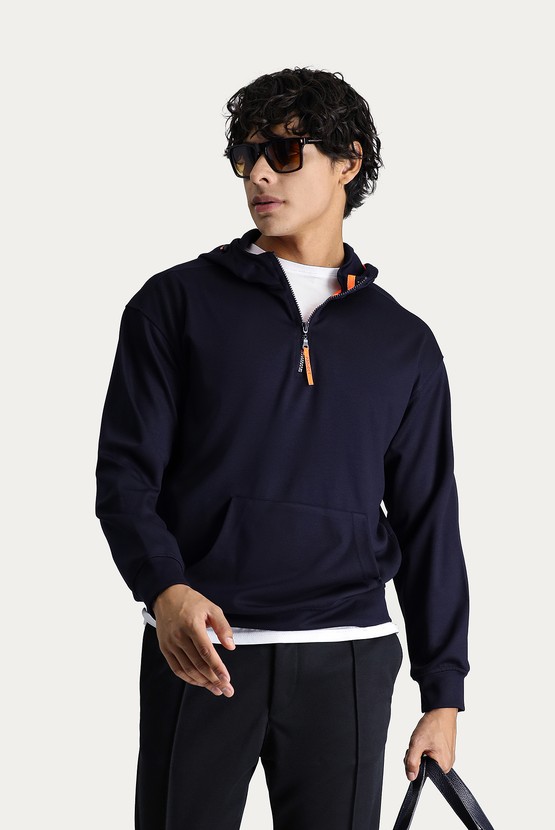 Erkek Giyim - Kapüşonlu Yarım Fermuarlı Oversize Pamuklu Sweatshirt