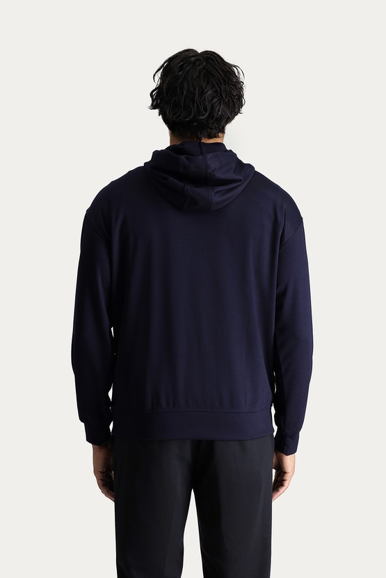 Erkek Giyim - Kapüşonlu Yarım Fermuarlı Oversize Pamuklu Sweatshirt