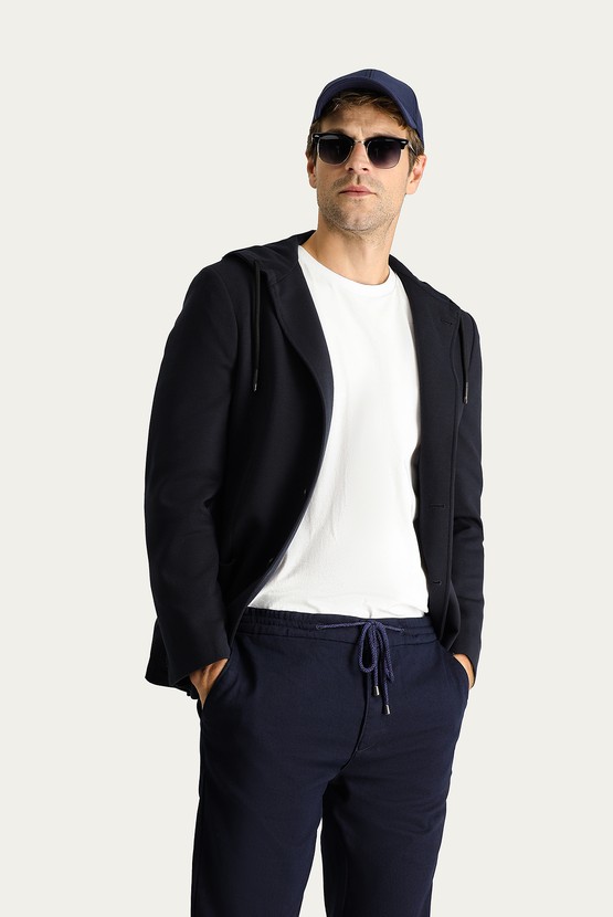 Erkek Giyim - Süper Slim Fit Kapüşonlu Spor Örme Ceket