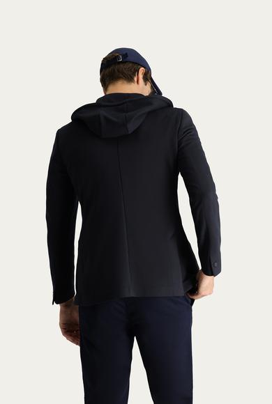 Erkek Giyim - SİYAH LACİVERT 48 Beden Süper Slim Fit Kapüşonlu Spor Örme Ceket