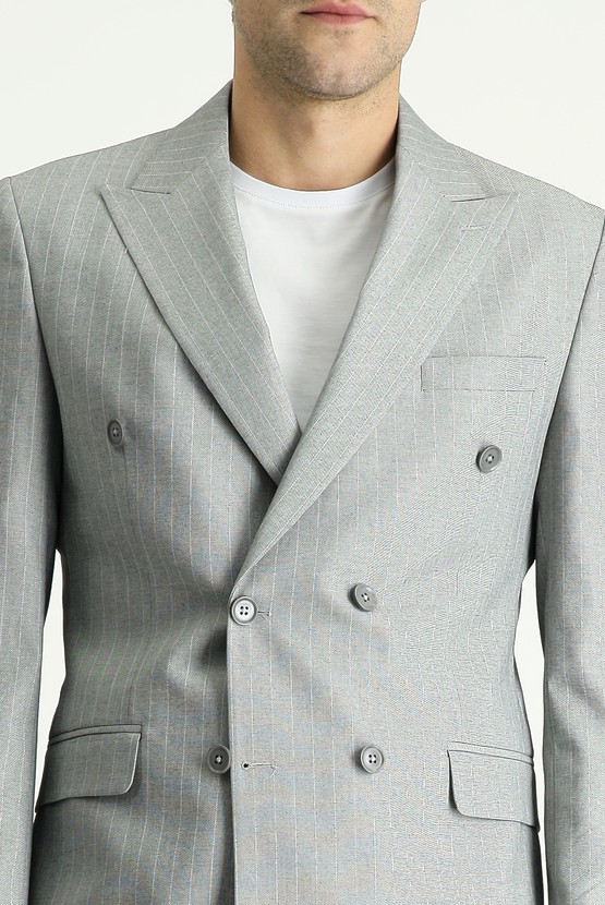 Erkek Giyim - Slim Fit Kruvaze Çizgili Takım Elbise