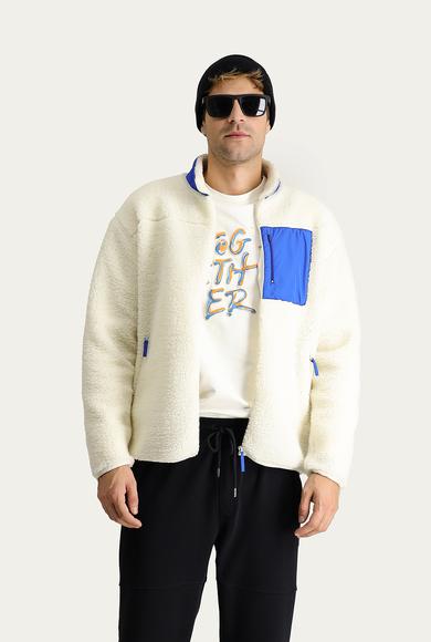 Erkek Giyim - Bej S Beden Fermuarlı Pelüş Oversize Sweatshirt