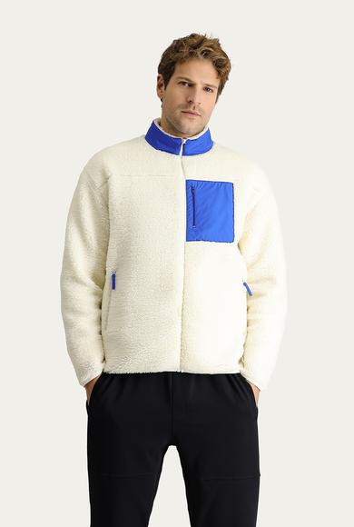 Erkek Giyim - Bej L Beden Fermuarlı Pelüş Oversize Sweatshirt
