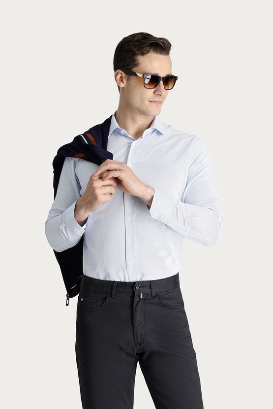 Erkek Giyim - Uzun Kol Slim Fit Dar Kesim Desenli Klasik Gömlek