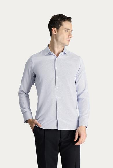 Erkek Giyim - KOYU MAVİ L Beden Uzun Kol Slim Fit Desenli Klasik Gömlek