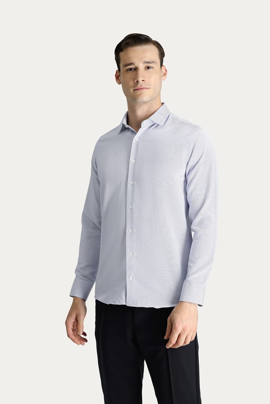 Erkek Giyim - Uzun Kol Slim Fit Dar Kesim Desenli Klasik Pamuklu Gömlek