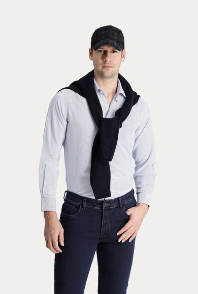 Erkek Giyim - KOYU MAVİ S Beden Uzun Kol Desenli Klasik Gömlek