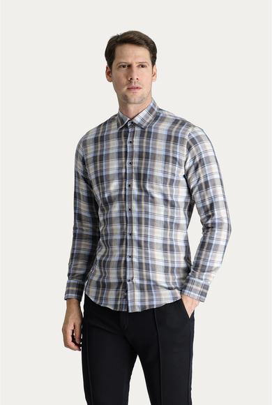 Erkek Giyim - Açık Gri M Beden Uzun Kol Regular Fit Ekose Oduncu Pamuklu Gömlek