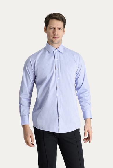 Erkek Giyim - HAVACI MAVİ M Beden Uzun Kol Klasik Çizgili Pamuk Gömlek