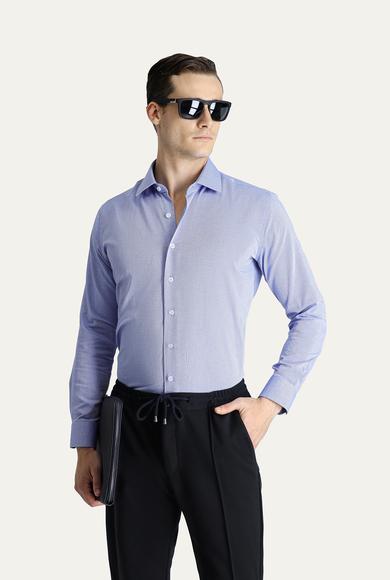 Erkek Giyim - KOYU MAVİ S Beden Uzun Kol Slim Fit Oxford Pamuk Gömlek