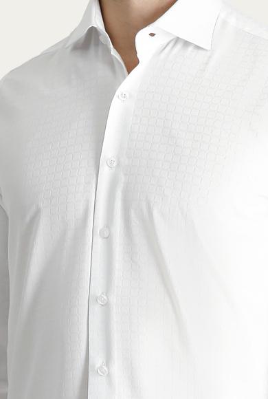 Erkek Giyim - BEYAZ M Beden Uzun Kol Slim Fit Desenli Pamuk Gömlek