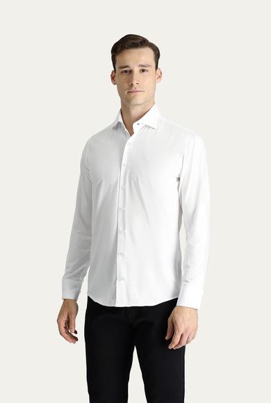 Erkek Giyim - BEYAZ M Beden Uzun Kol Slim Fit Desenli Pamuk Gömlek