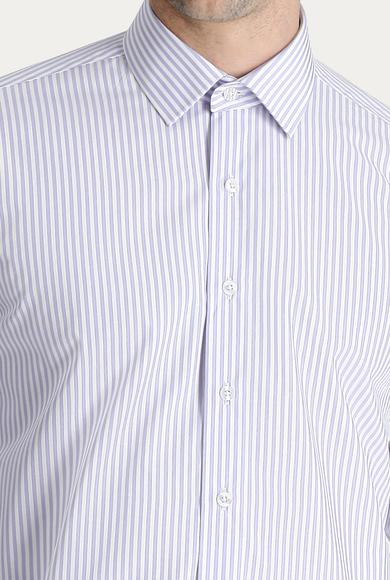 Erkek Giyim - AÇIK MOR 3X Beden Uzun Kol Regular Fit Çizgili Pamuk Gömlek