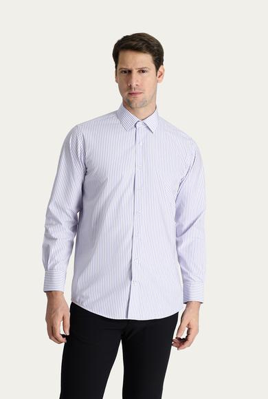 Erkek Giyim - AÇIK MOR 3X Beden Uzun Kol Regular Fit Çizgili Pamuk Gömlek