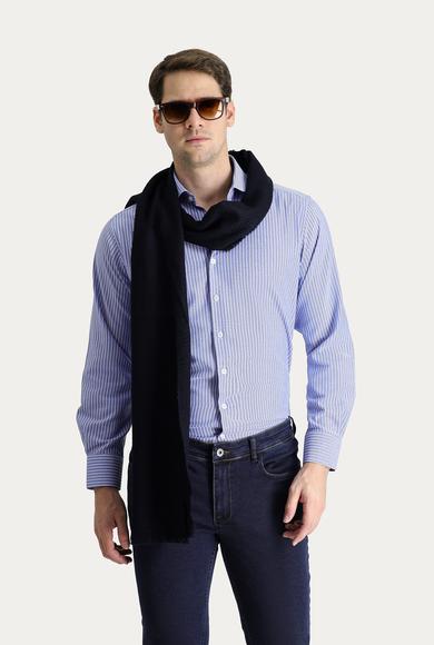 Erkek Giyim - MAVİ L Beden Uzun Kol Regular Fit Çizgili Pamuk Gömlek