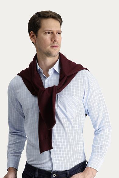 Erkek Giyim - UÇUK MAVİ M Beden Uzun Kol Regular Fit Ekose Pamuklu Gömlek