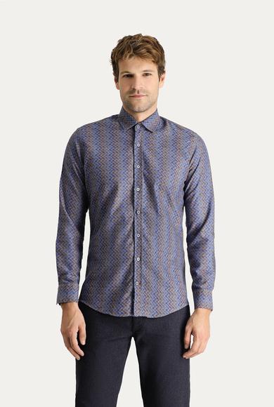 Erkek Giyim - İNDİGO L Beden Uzun Kol Slim Fit Baskılı Pamuklu Gömlek