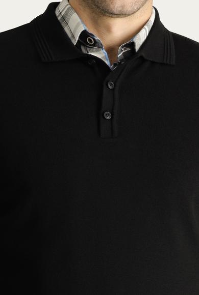 Erkek Giyim - Siyah 5X Beden Polo Yaka Regular Fit Pamuklu Triko Kazak