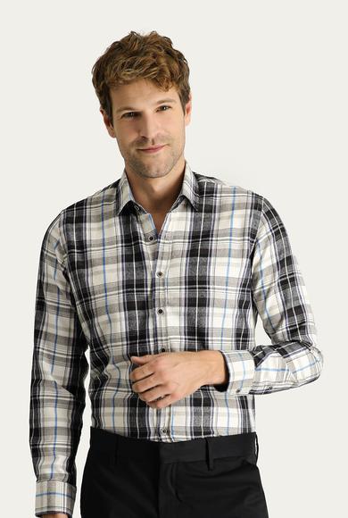 Erkek Giyim - KOYU LACİVERT M Beden Uzun Kol Regular Fit Ekose Oduncu Pamuklu Gömlek