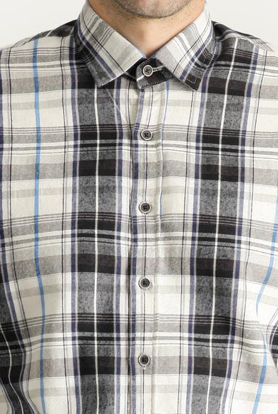 Erkek Giyim - KOYU LACİVERT M Beden Uzun Kol Regular Fit Ekose Oduncu Pamuklu Gömlek