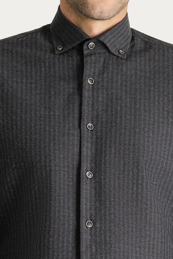 Erkek Giyim - Uzun Kol Slim Fit Desenli Pamuk Spor Gömlek