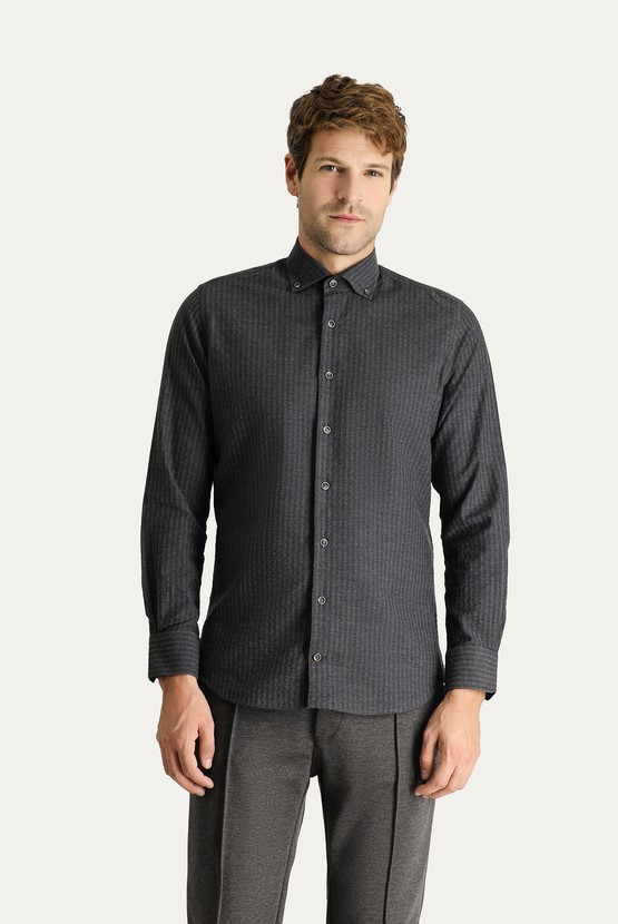 Erkek Giyim - Uzun Kol Slim Fit Desenli Pamuk Spor Gömlek