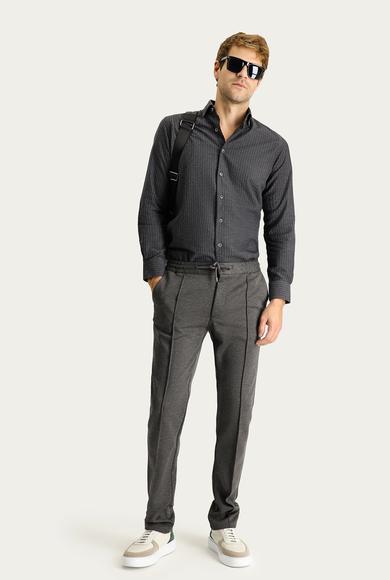 Erkek Giyim - KOYU FÜME XL Beden Uzun Kol Slim Fit Desenli Pamuk Spor Gömlek