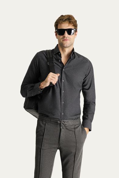 Erkek Giyim - KOYU FÜME XL Beden Uzun Kol Slim Fit Desenli Pamuk Spor Gömlek