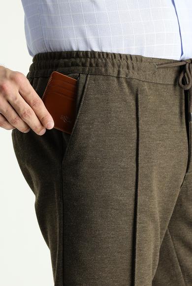 Erkek Giyim - KOYU VİZON 50 Beden Slim Fit Beli Lastikli İpli Likralı Örme Kanvas / Chino Pantolon