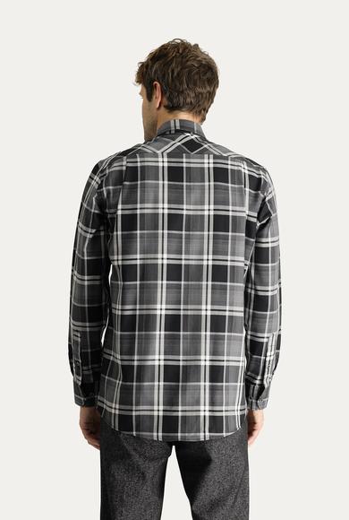 Erkek Giyim - SİYAH XL Beden Uzun Kol Regular Fit Ekose Pamuk Gömlek