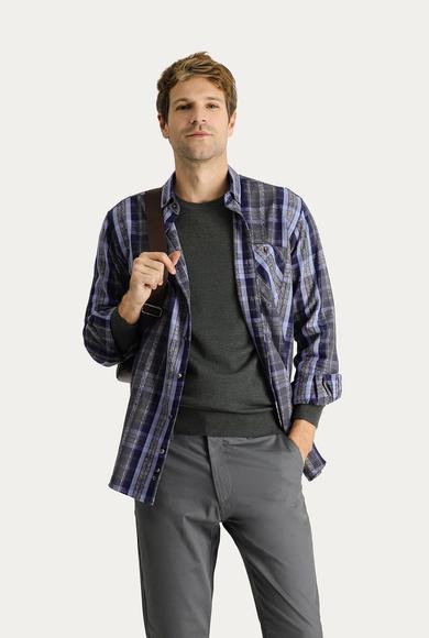 Erkek Giyim - KOYU LACİVERT 3X Beden Uzun Kol Regular Fit Ekose Oduncu Pamuk Gömlek