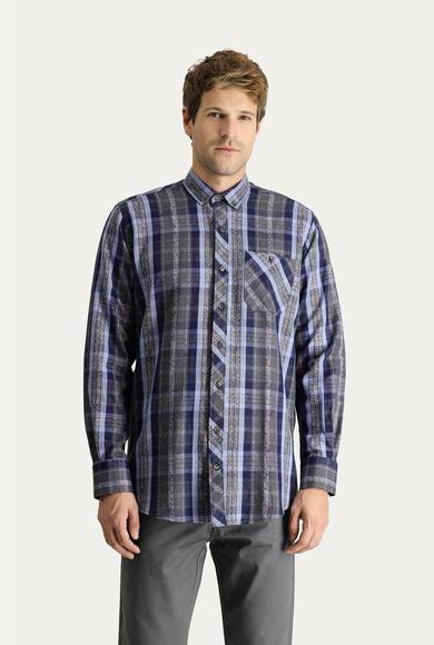 Erkek Giyim - KOYU LACİVERT 3X Beden Uzun Kol Regular Fit Ekose Oduncu Pamuk Gömlek